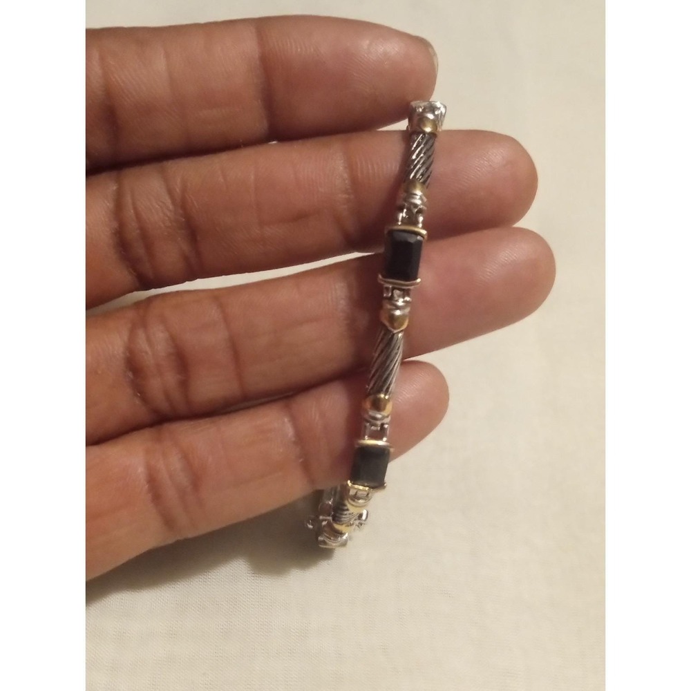 Two Tone Sterling Silver Black Onyx Link Bracelet Lobster Clasp